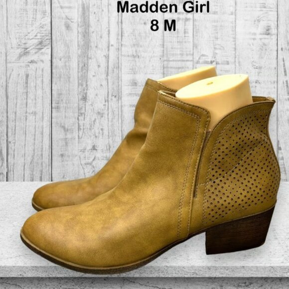 Madden Girl Ankle Booties Women's 8M Tan Brown Perforated Block Heel Boots - Picture 1 of 12